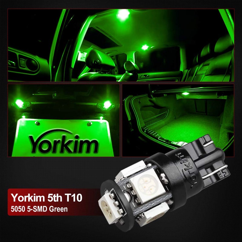 Yorkim مصابيح LED يوركيم 194 خضراء فائقة السطوع الجيل الخامس الجديد، مصابيح LED T10 168 لداخل السيارة، مصابيح القبة، مصابيح الخريطة، مصابيح الباب، مصابيح الترخيص W5W 2825، عبوة من 10 - Image 5
